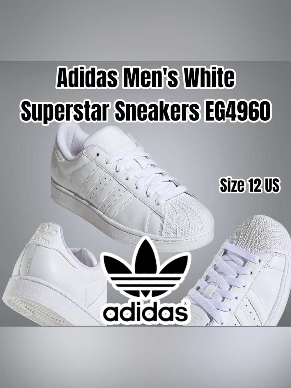 adidas White Classic Superstar Low-Top Sneakers, Size 12 US